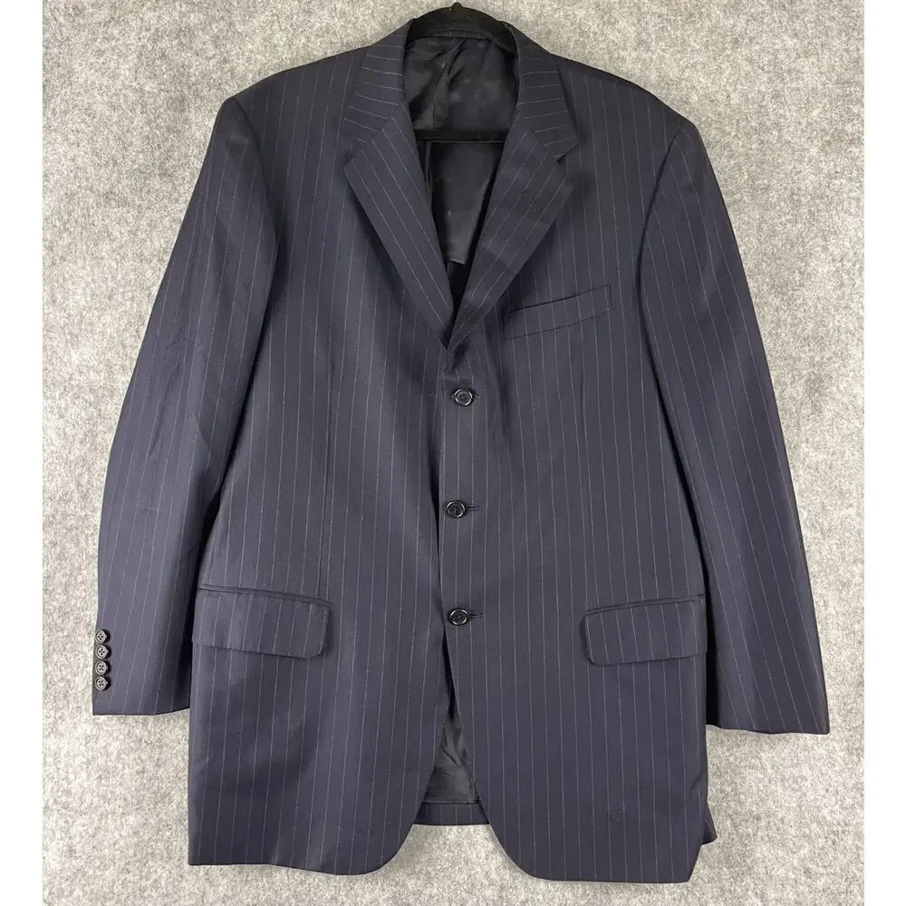 Oxxford Clothes Wool‎ Blazer Sport Coat Mens 44L Blue Stripe Super 100s 3 Button